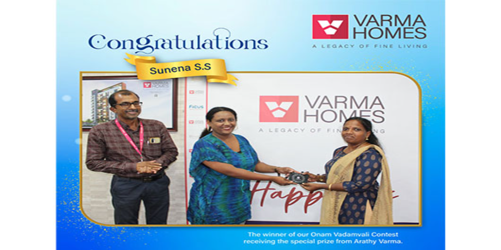 The winner of our Onam Vadamvali Contest receives a special prize from Arathy Varma
